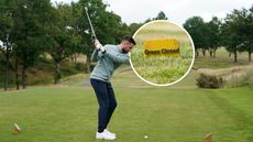 Baz Plummer at the top of backswing about to hit a tee shot at Sand Moor Golf Club, with an inset image showing a sign that says 'green closed' to signify temporary greens