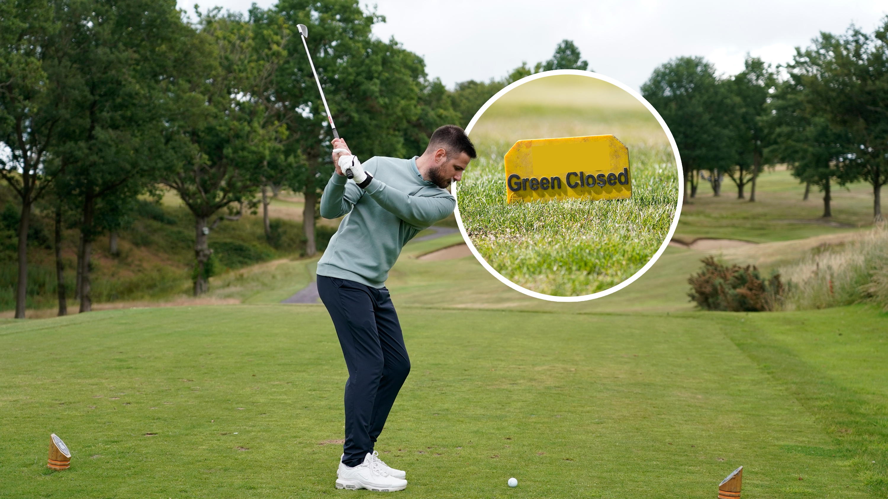 Baz Plummer at the top of backswing about to hit a tee shot at Sand Moor Golf Club, with an inset image showing a sign that says 'green closed' to signify temporary greens