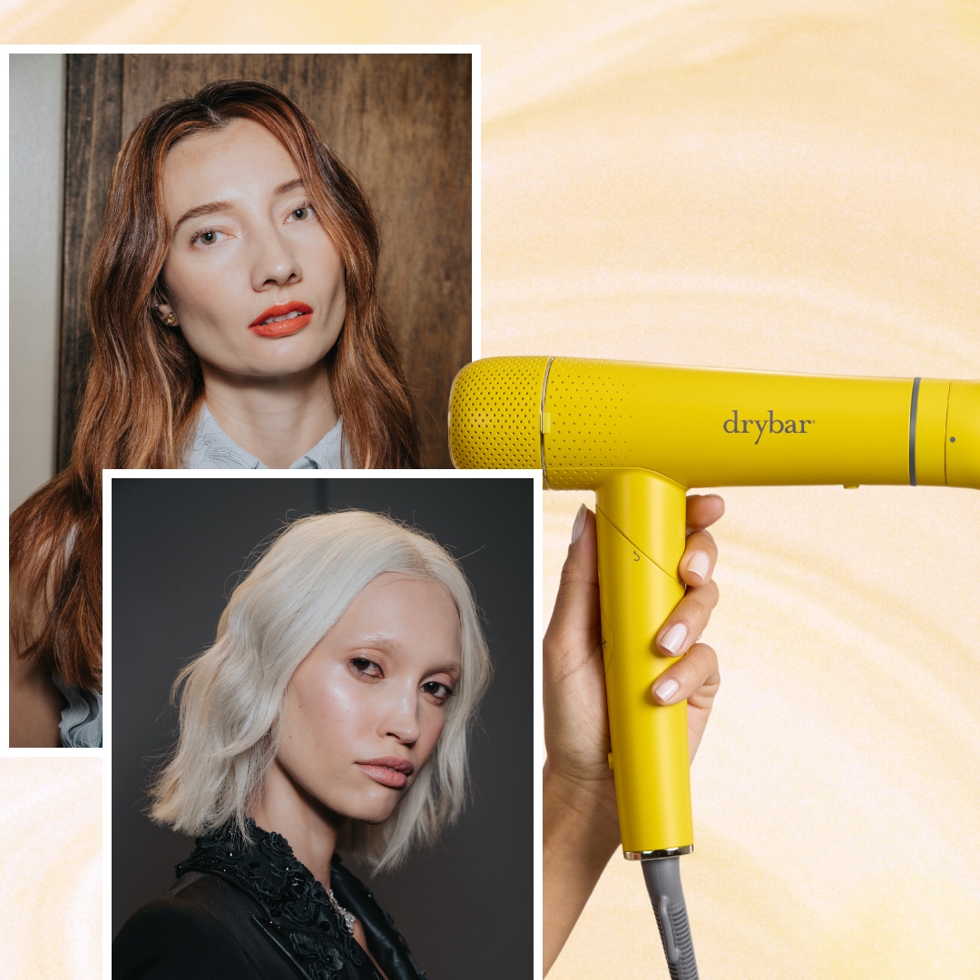 a yellow blowdryer held up by a white hand on a golden brown background with two photos of women with blowdried hair