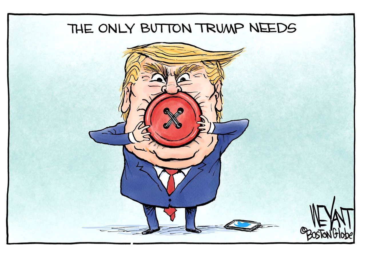 Political cartoon U.S. Trump nuclear weapons bigger button