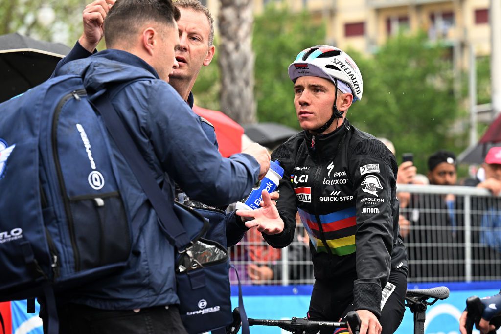 SALERNO ITALY MAY 10 Remco Evenepoel of Belgium and Team Soudal Quick Step reacts after the 106th Giro dItalia 2023 Stage 5 a 171km stage from Atripalda to Salerno UCIWT on May 10 2023 in Salerno Italy Photo by Stuart FranklinGetty Images