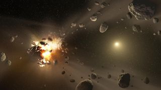 An illustration showing an asteroid being pulverized to pieces. 