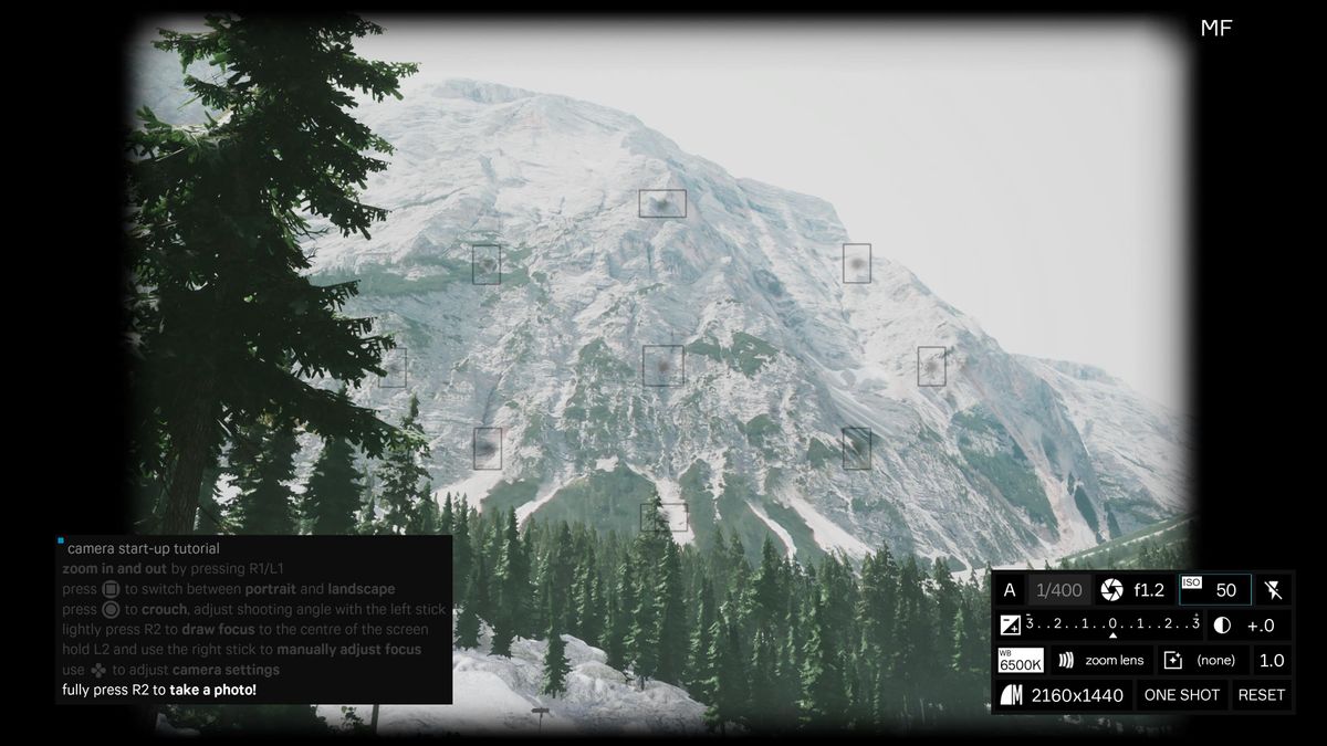 Screenshot of the photography simulator game Lushfoil Photography Sim, depicting a snowy mountain scene