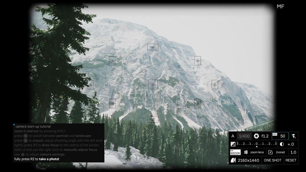 Screenshot of the photography simulator game Lushfoil Photography Sim, depicting a snowy mountain scene