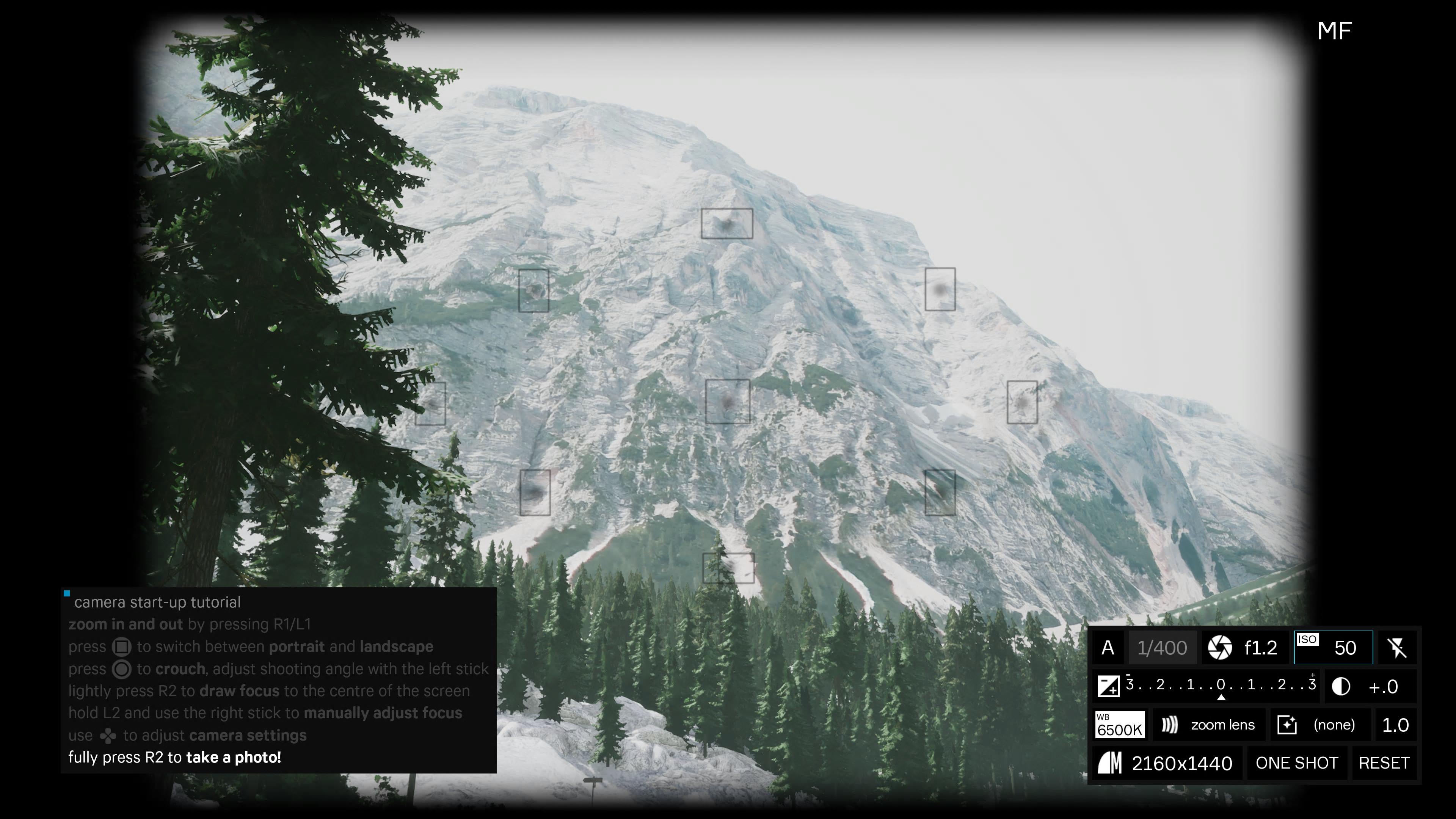 Screenshot of the photography simulator game Lushfoil Photography Sim, depicting a snowy mountain scene