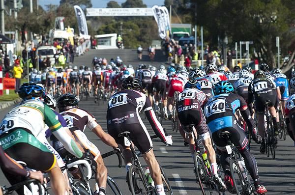 The 150 rider strong field make their way around the streets of Wonthaggi on stage one of the 2011 Lakes Oil Tour of Gippsland.