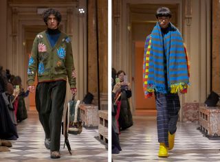 Left, model wears a green floral cardigan and baggy black trousers. Right, model wears multicoloured striped scarf, trousers and jumper.