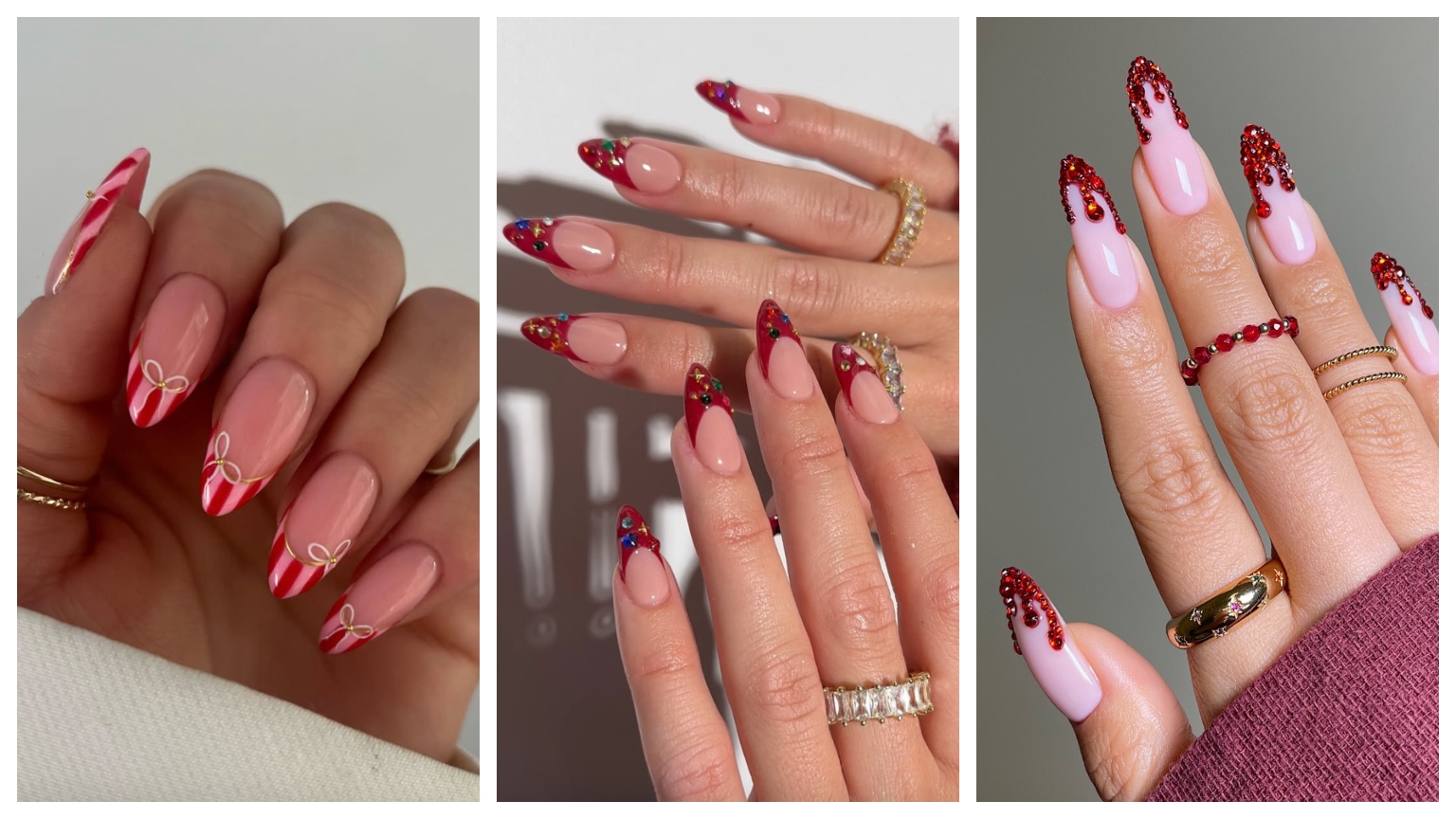 a photo trio of red french tip nail designs