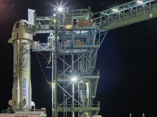 Blue Origin's New Shepard space capsule and rocket on the pad at the company's West Texas Launch Site in January 2019. The same rocket will launch the NS-12 mission on Dec. 11, 2019. 