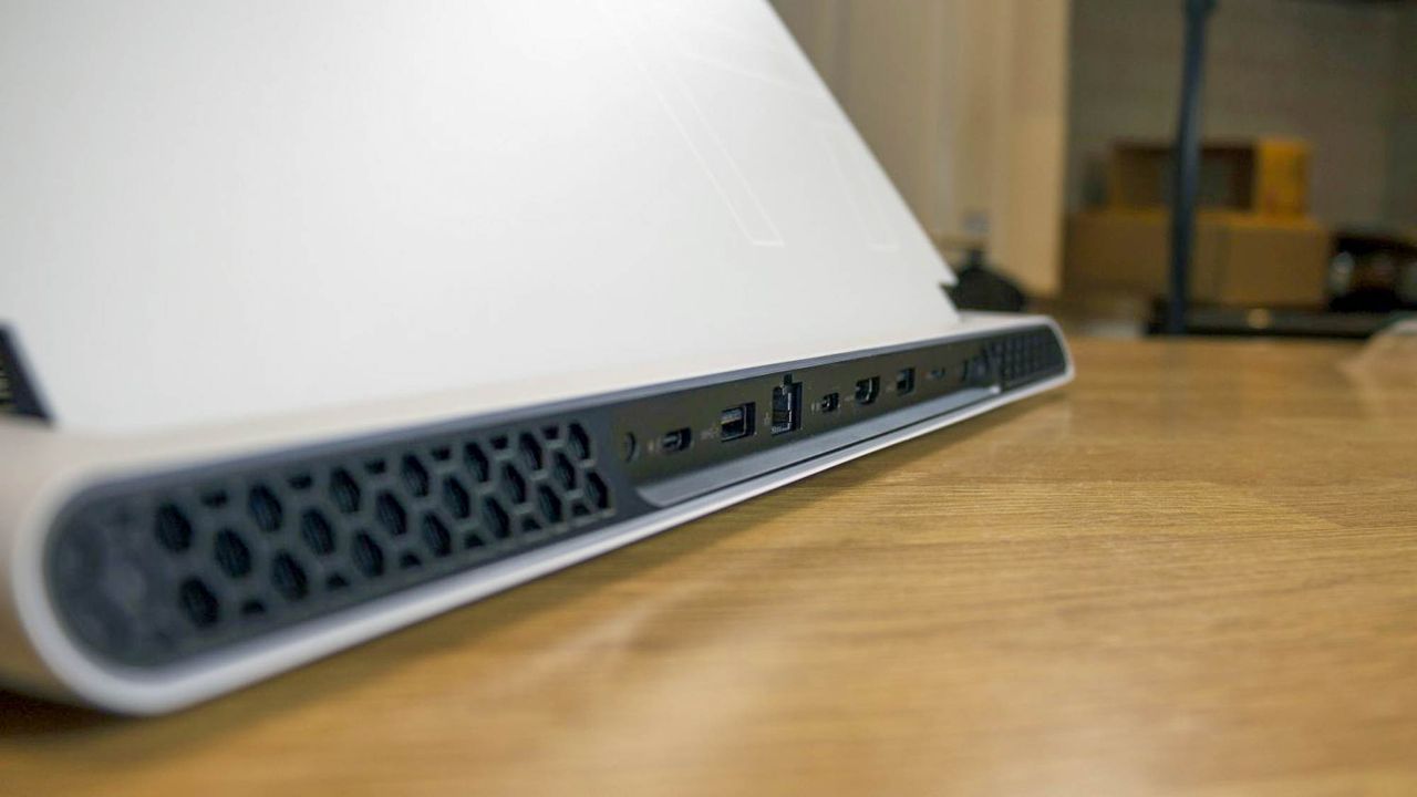 A closeup of the Alienware x17 R2's rear ports