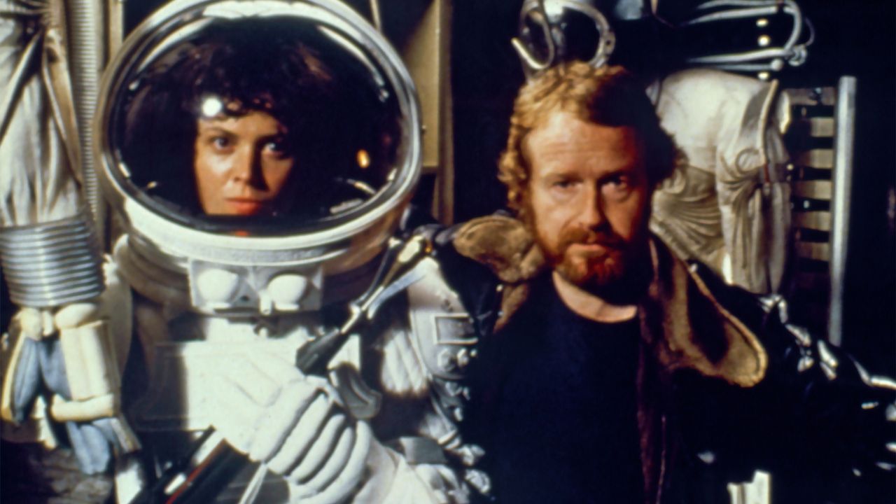 American actress Sigourney Weaver with director Ridley Scott on the set of his movie "Alien."