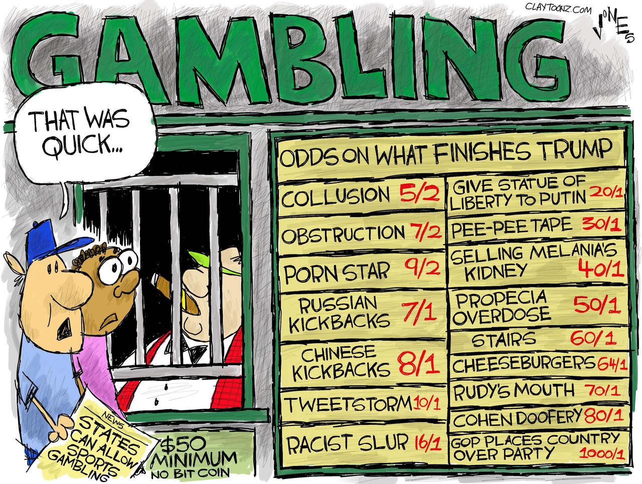 Political cartoon U.S. Trump scandals gambling