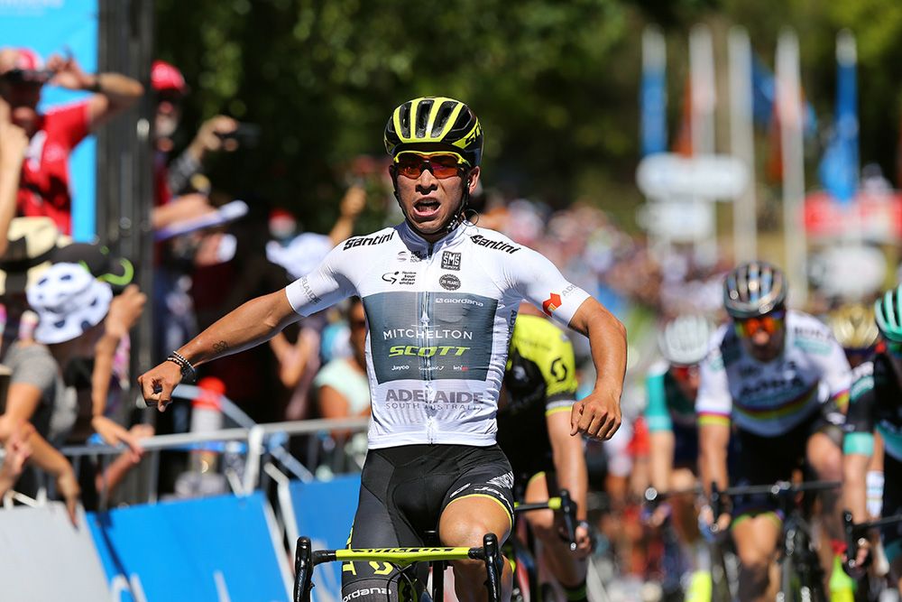 Caleb Ewan (Mitchelton-Scott) celebrates his win in Stirling