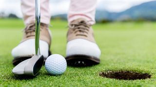 a photo of a man or woman playing golf wearing golf shoes