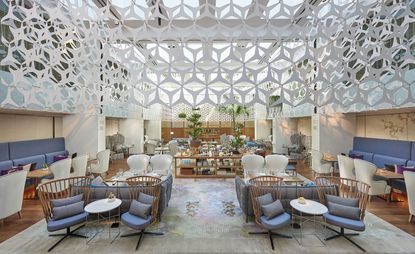 Restaurant interior with white metal wall structures