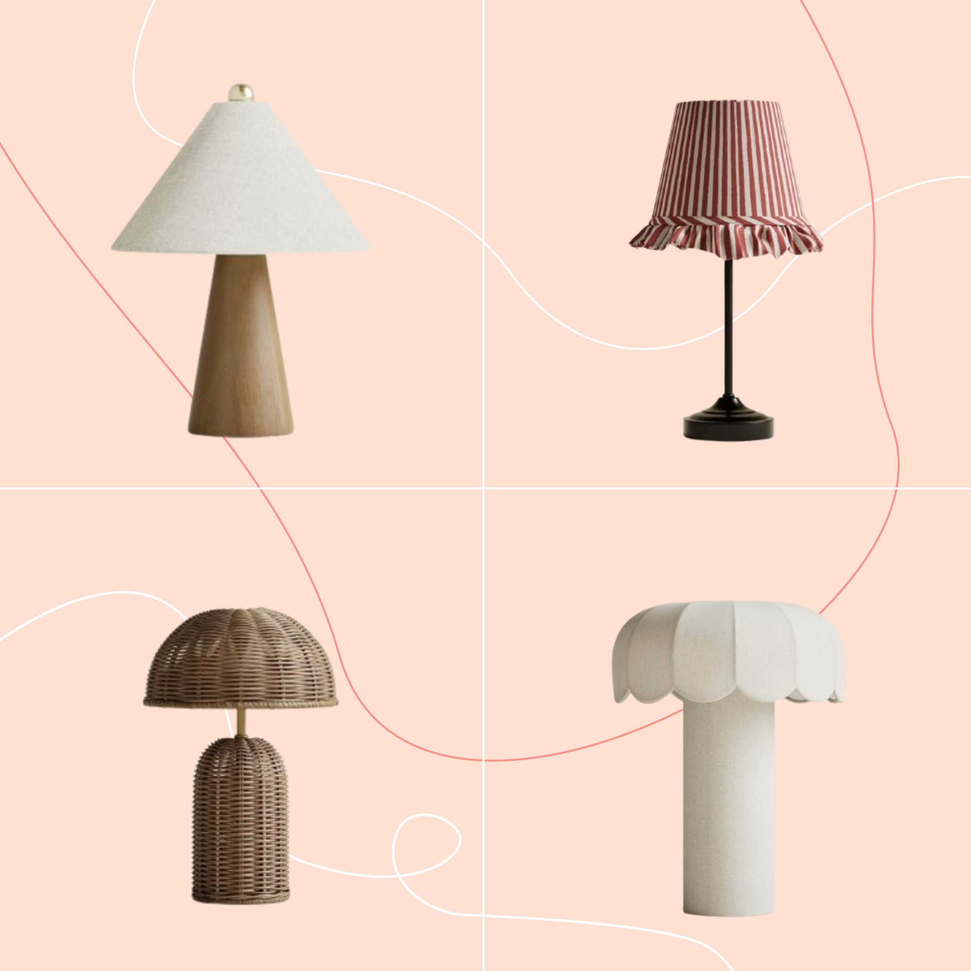 A grid layout displaying four M&amp;S table lamps on a pink background