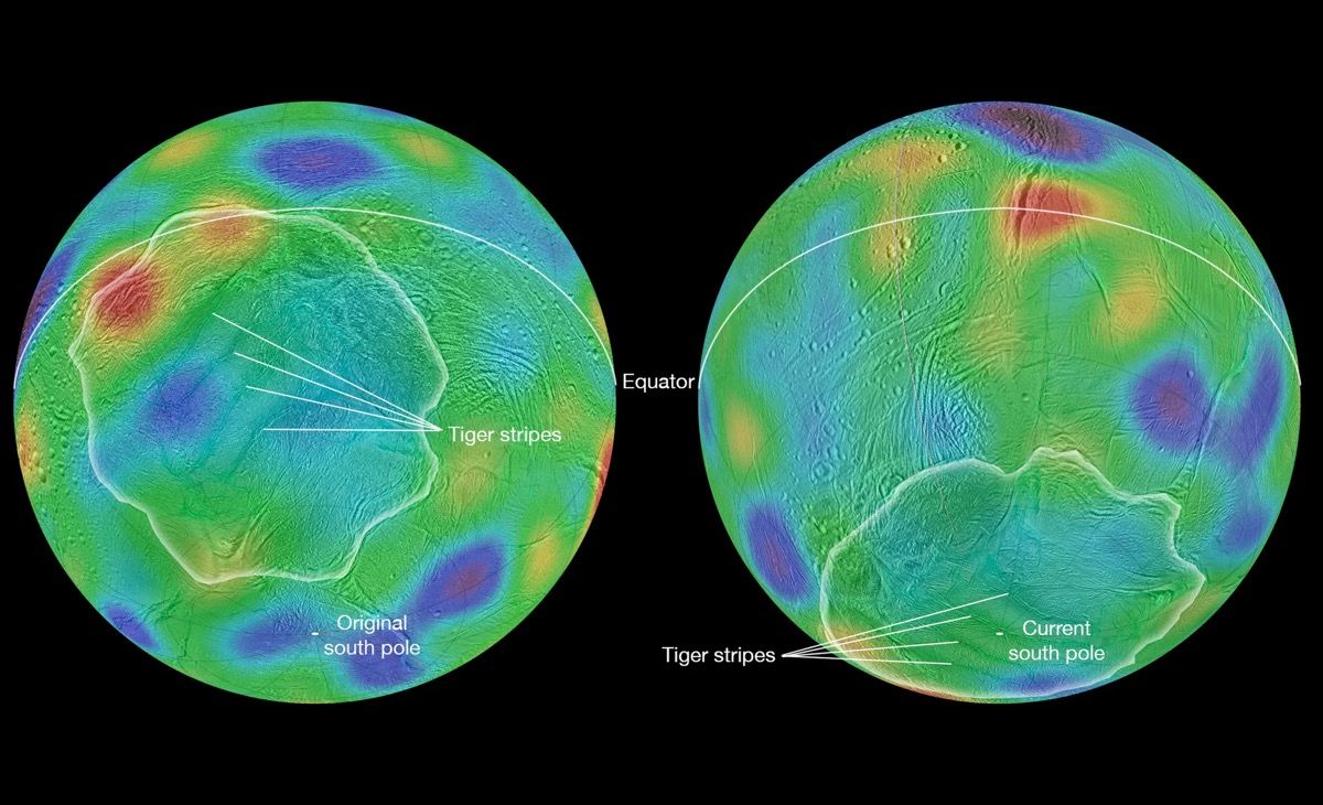 Image data from NASA&#039;s Cassini spacecraft shows evidence that Saturn&#039;s moon Enceladus may have tipped over, reorienting itself so that terrain closer to its original equator was relocated to the poles. This phenomenon is called &quot;true polar wander.&quot;