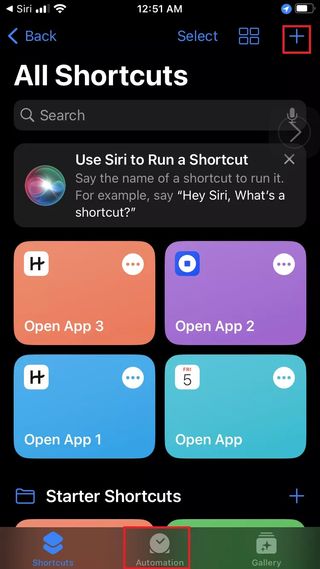 Shortcuts app blue plus button