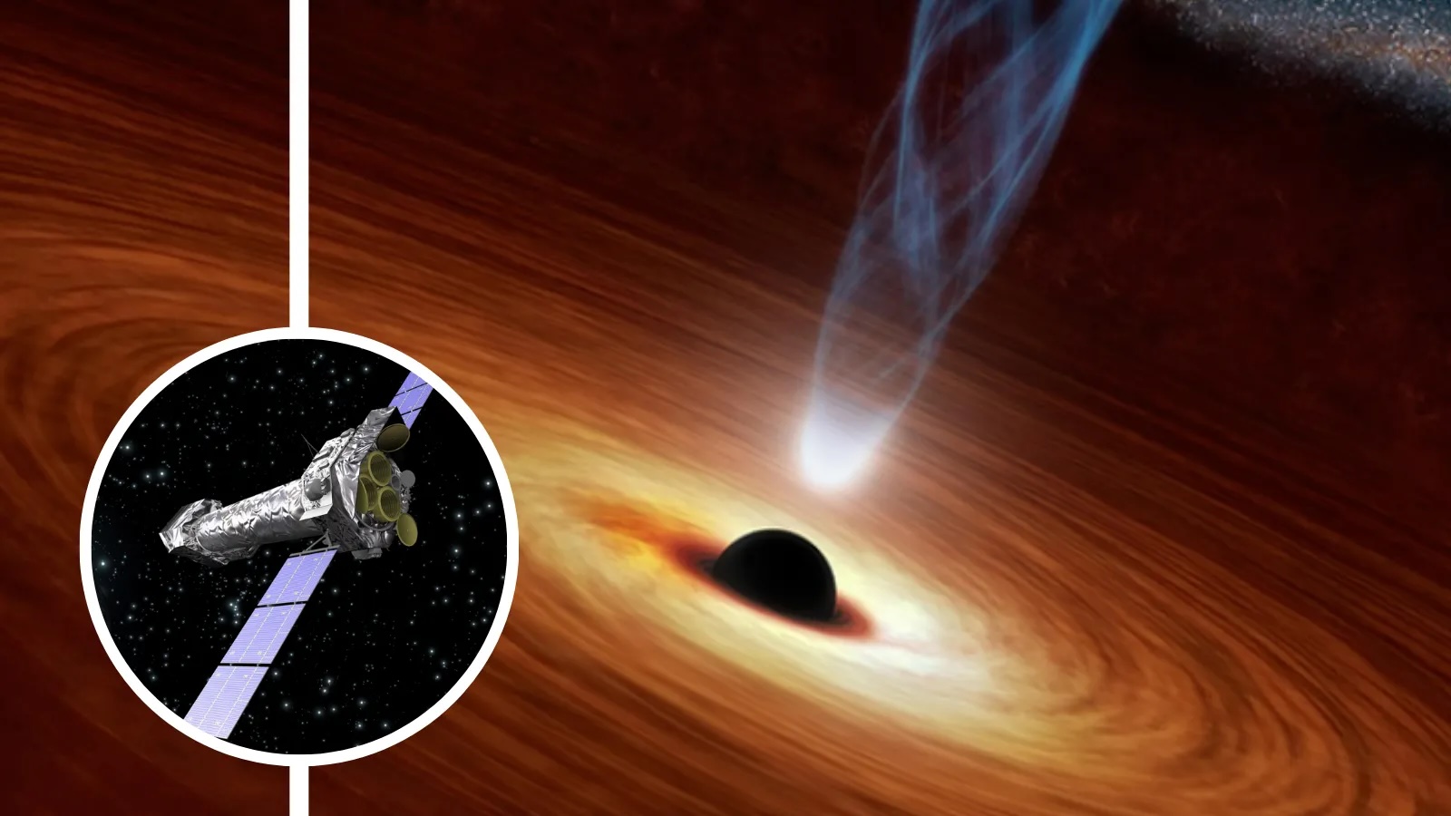 An illustration of a black hole with a glowing line of light emitting from its center, with an inset image of the XMM-Newton spacecraft