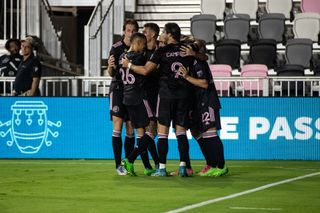 Gonzalo Higuaín #10, Gregore de Magalhães Silva #26 and Leonardo Campana #9 of Inter Miami CF celebrate a goal during the second half at DRV PNK Stadium on September 13, 2022 in Fort Lauderdale, Florida.