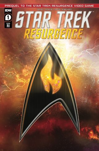 Cover art for "Star Trek: Resurgence" #1 showing a Starfleet badge on a fiery background.