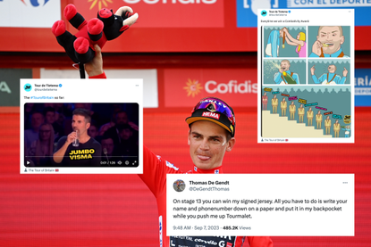 Sepp Kuss on the podium of the Vuelta a España, with tweets overlaid