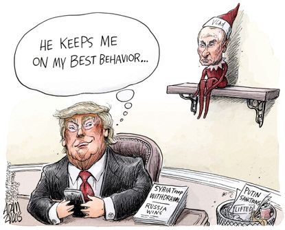 Political cartoon U.S. Kremlin on the shelf elf Trump best behavior Russia Syria