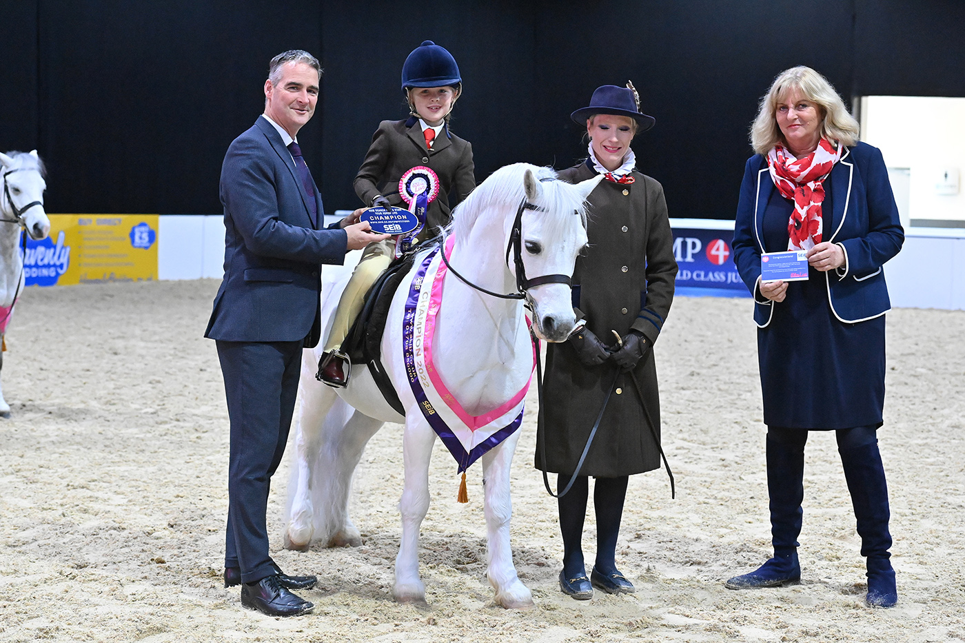 Thistledown Elpaso lead rein winner with Marcus Capel Pony Club CEO and Nicolina MacKenzie