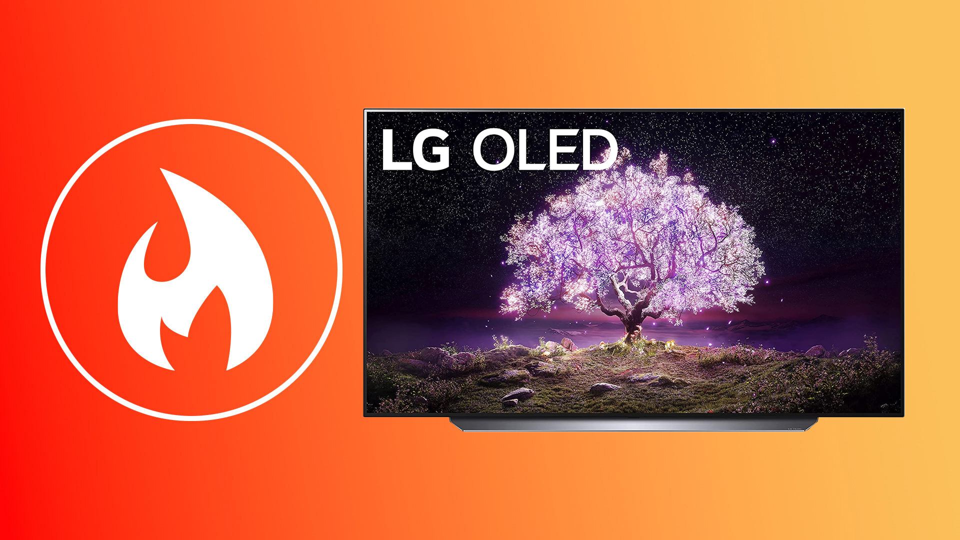 LG C1 on orange background with a flame logo