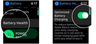 Turn on optimized battery charging on Apple Watch, showing how to tap Battery Health, then tap the switch next to Optimized Battery Charging