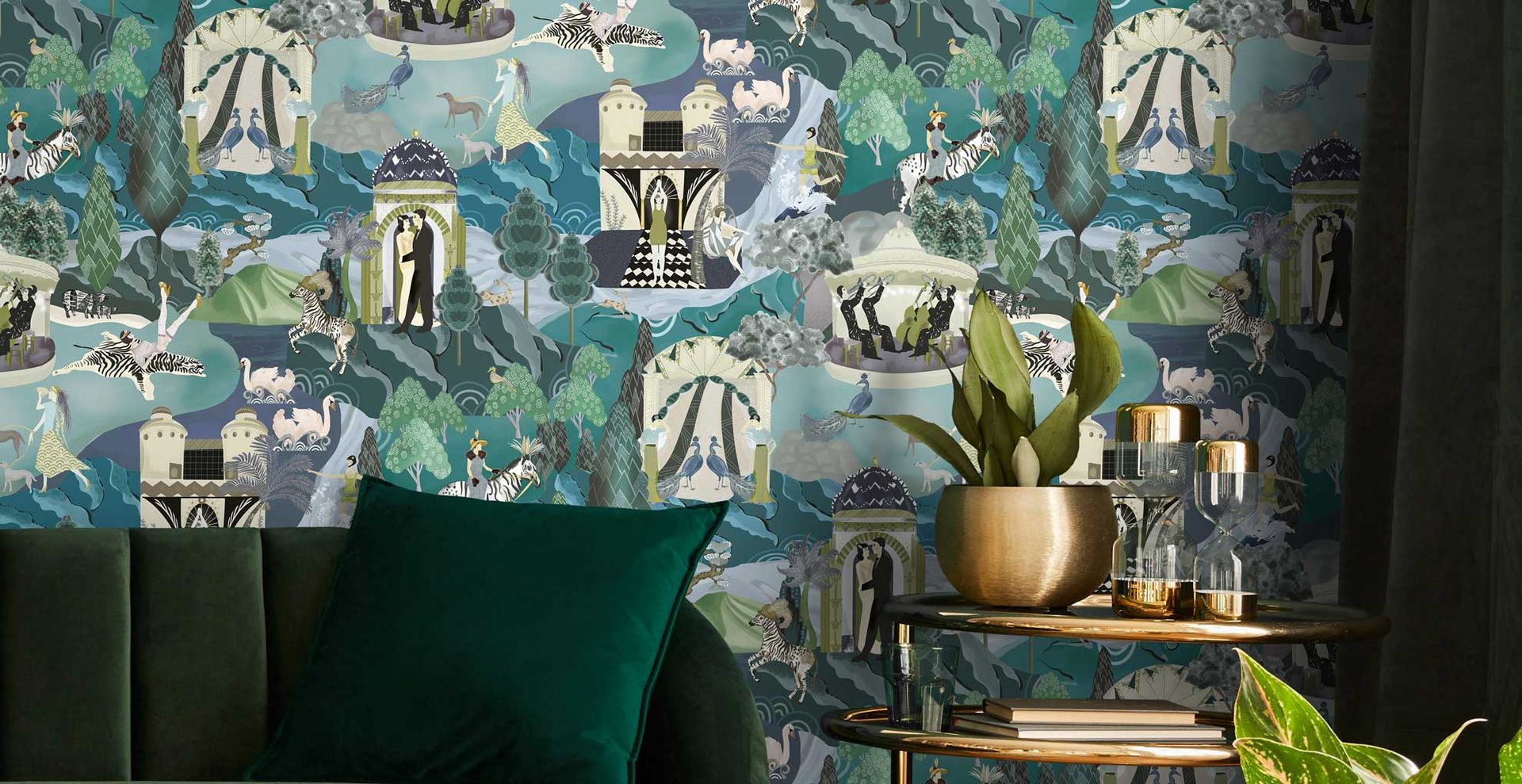 green luxe living room with patterned wallpaper on wall behind a green velvet couch to suggest how to make a living room look expensive on a budget with wallpaper