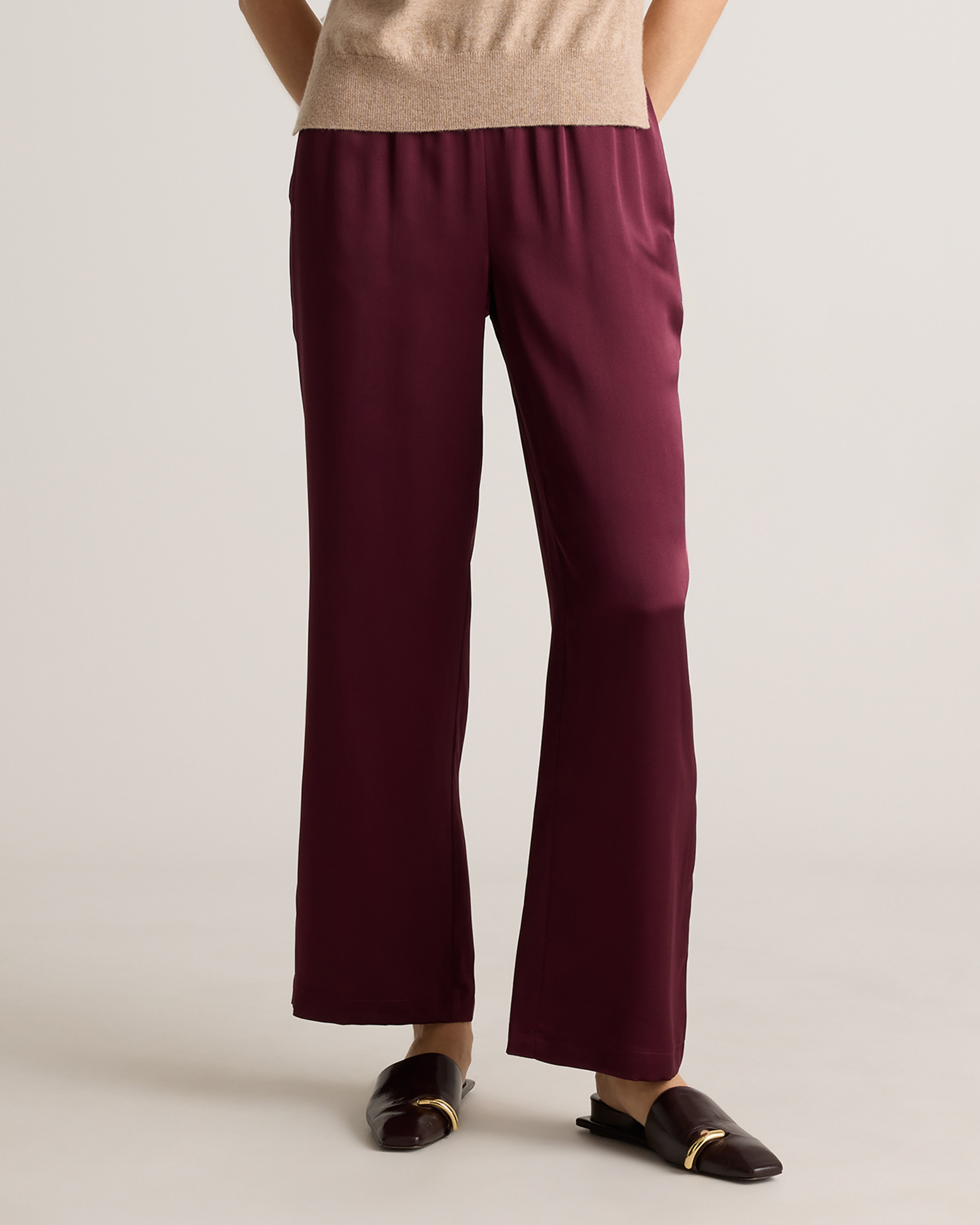 100% Washable Silk Drawstring Wide Leg Pants in Wine Tasting Red