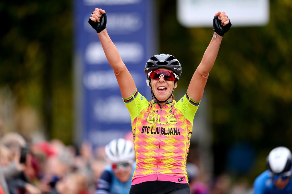BANBURY ENGLAND OCTOBER 04 Marta Bastianelli of Italy and Team Ale Btc Ljubljana celebrates winning during the 7th The Womens Tour 2021 Stage 1 a 1477km stage from Bicester to Banbury thewomenstour UCIWWT on October 04 2021 in Banbury England Photo by Justin SetterfieldGetty Images