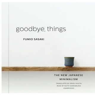 front cover of goodbye, things book by fumio sasaki, with a wooden shelf and small gray pot