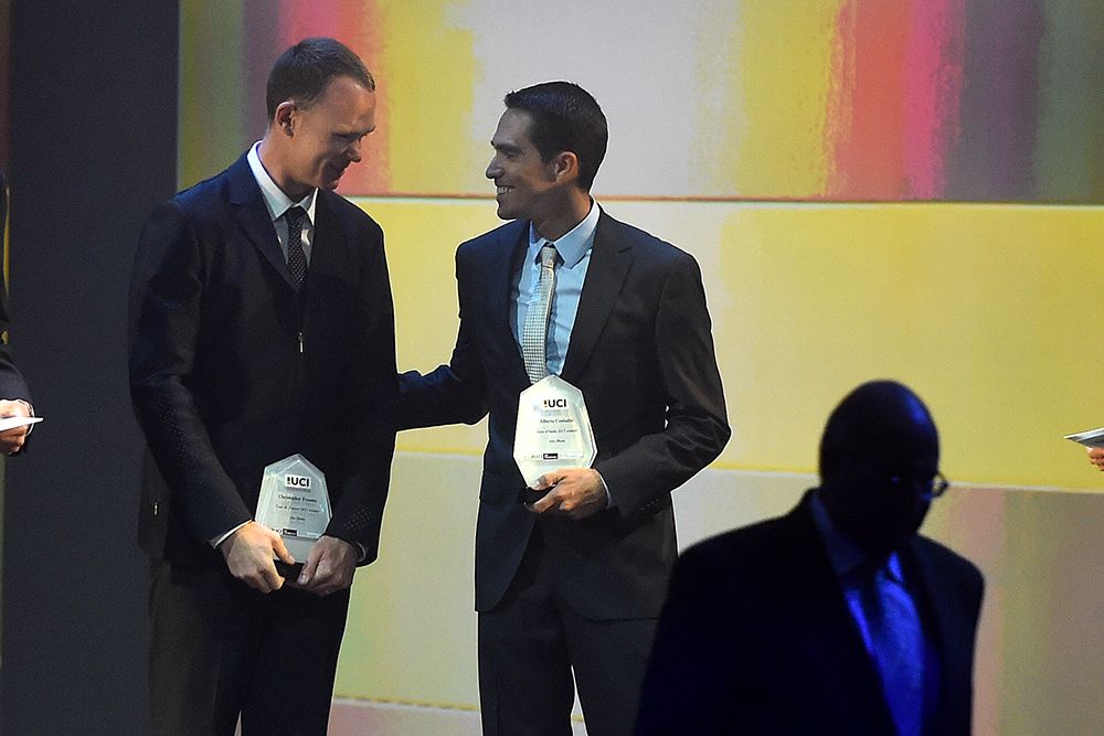 Alberto Contador and Chris Froome share a joke