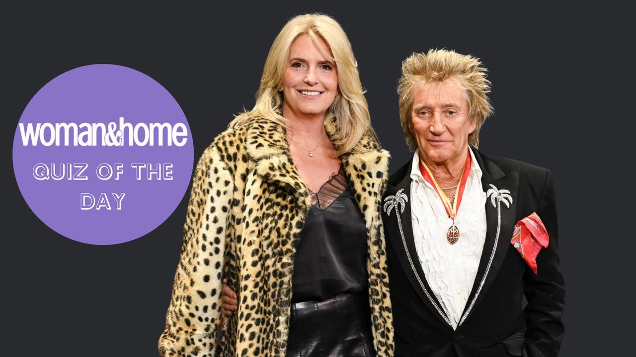 Rod Stewart and Penny Lancaster smile, beside a woman&amp;home quiz of the day badge
