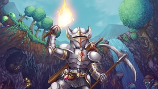 A character in Terraria dressed in armour and holding a torch