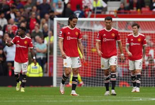 (left to right) Manchester United’s Fred, Edinson Cavani, Cristiano Ronaldo and Victor Lindelof show their dejection after conceding a goal during the Premier League match at Old Trafford, Manchester. Picture date: Saturday September 25, 2021
