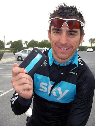 Britain's Russell Downing shows off his Team Sky iPhone.