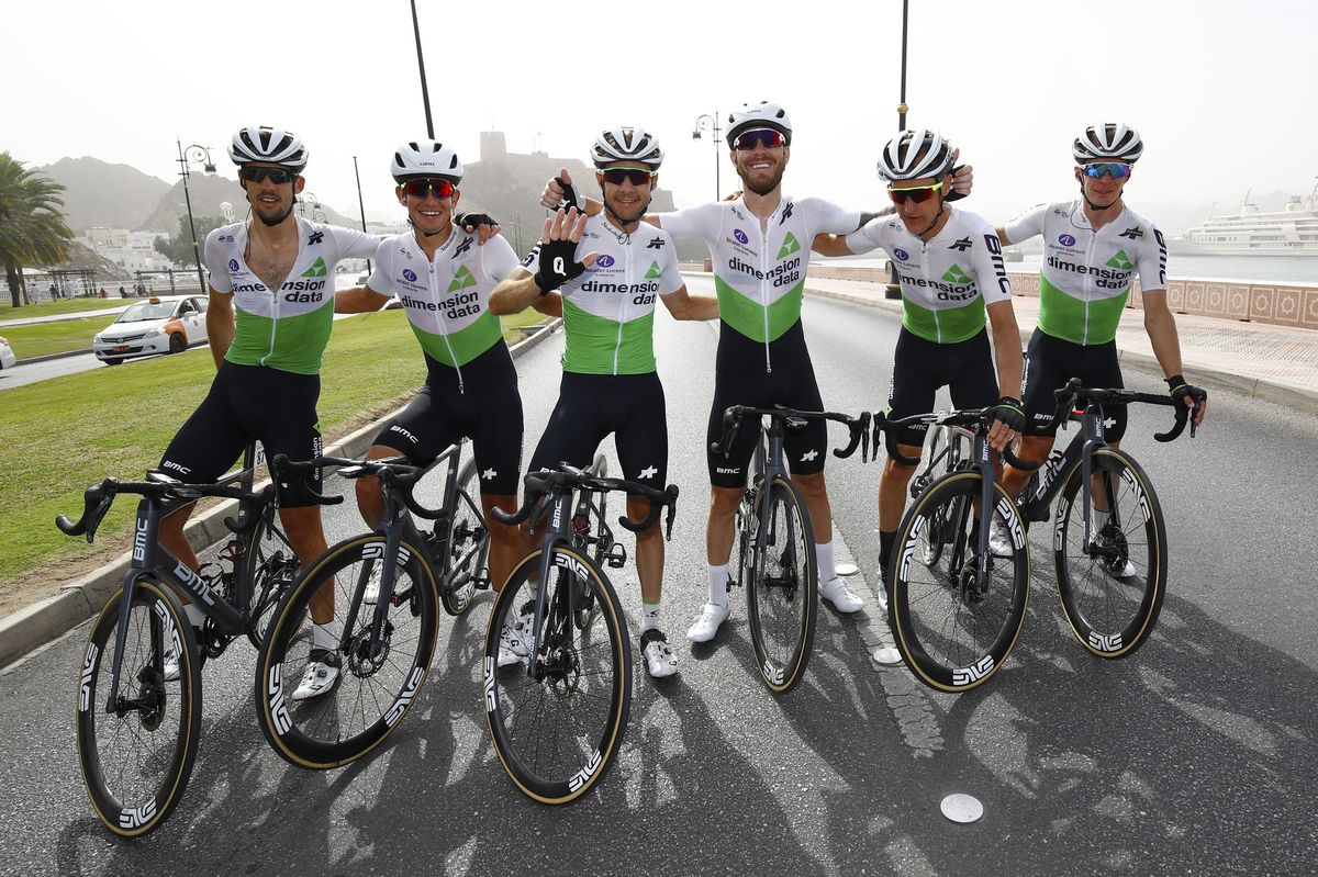 Giacomo Nizzolo celebrates with his Dimension Data teammates