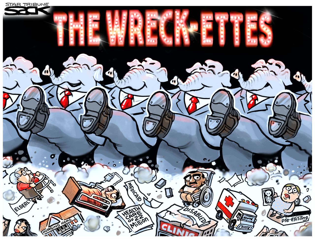 Political cartoon U.S. GOP health care reform Rockettes