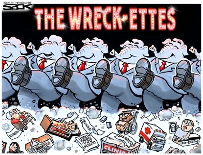 Political cartoon U.S. GOP health care reform Rockettes