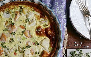 Seafood tart scented with elderflowers