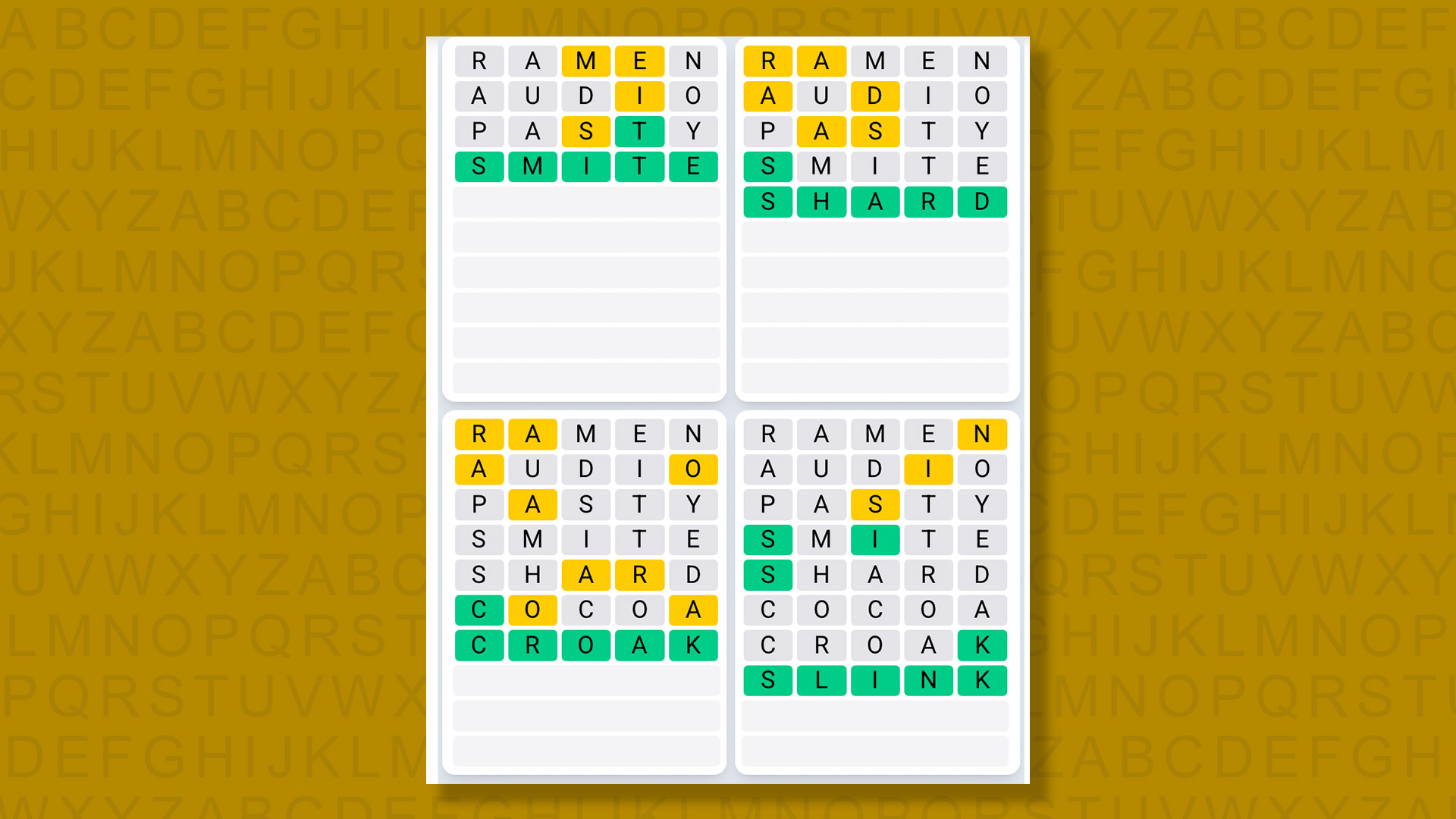 Quordle Daily Sequence answers for game 1596 on a yellow background