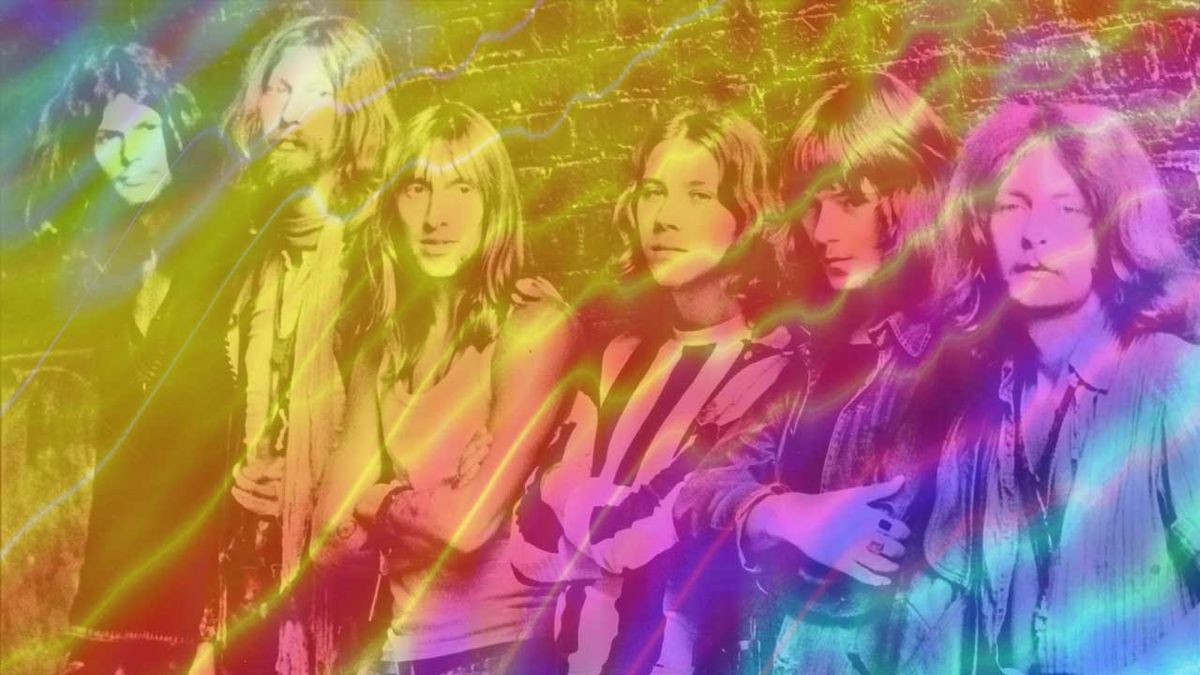 Hawkwind circa 1970 with a psychedelic overlay on the image