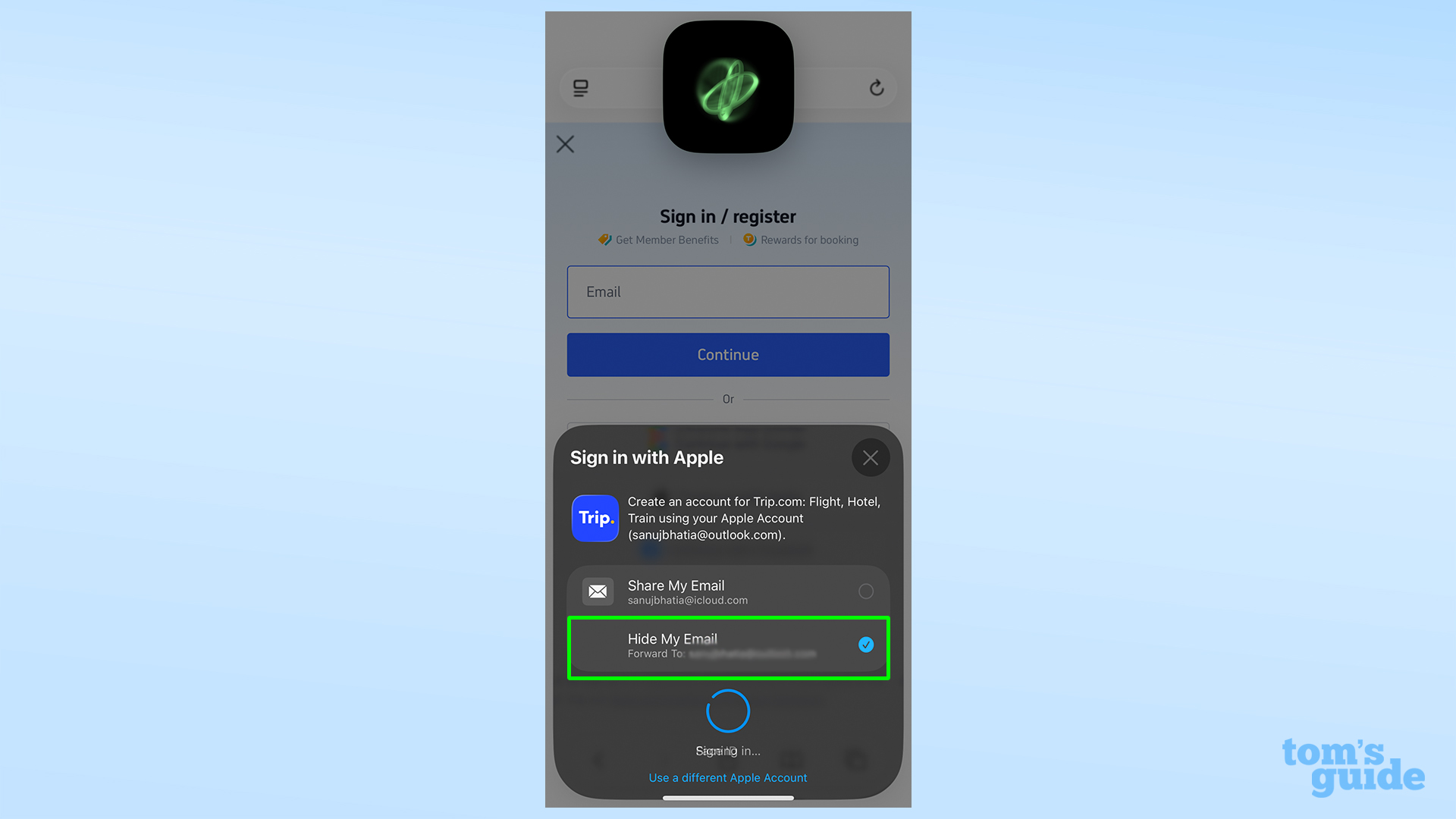 Selecting Hide my Email on Trip dot com