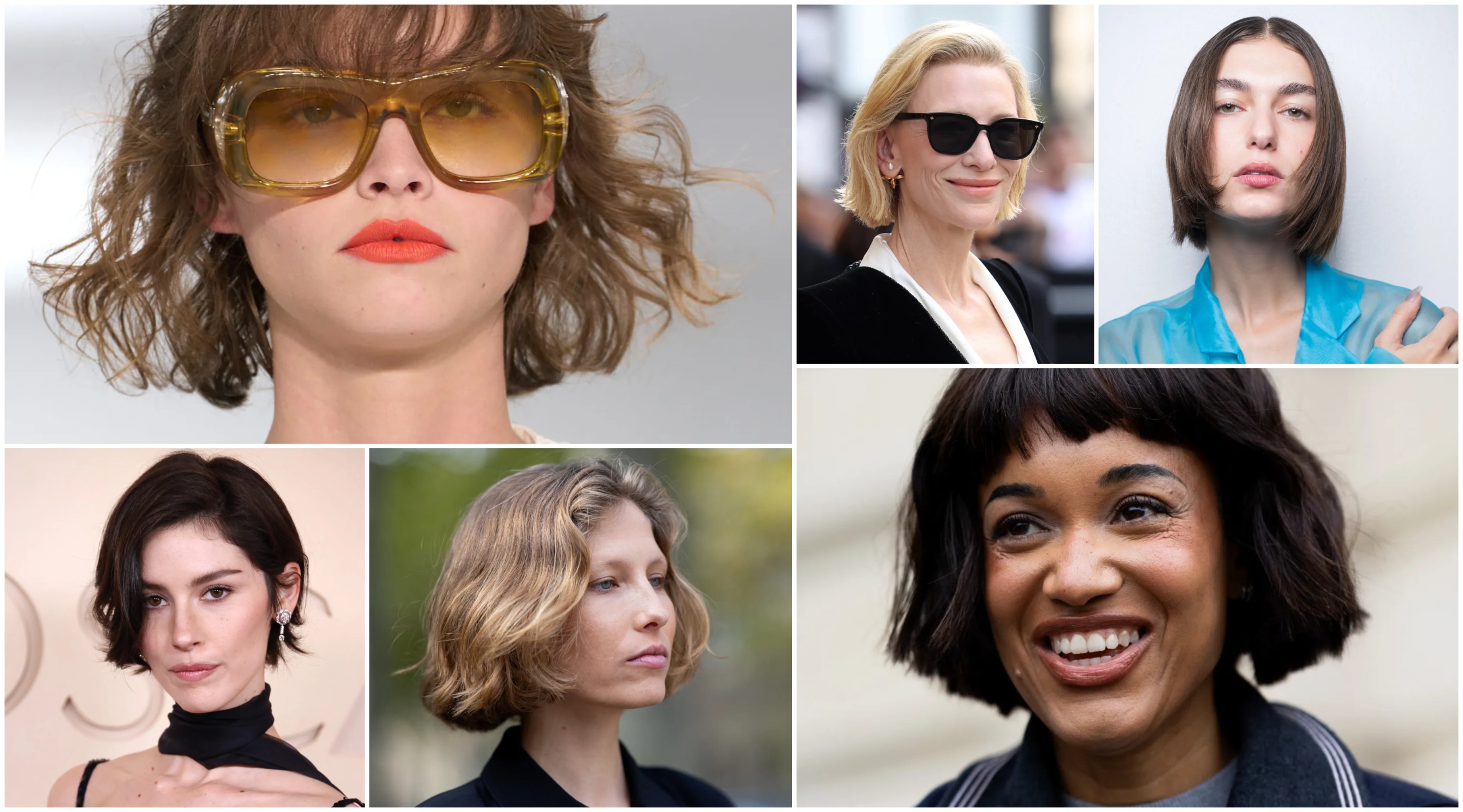 a collage of french bob hairstyles feature choppy bobs, textured bobs, short bobs, sleek bobs