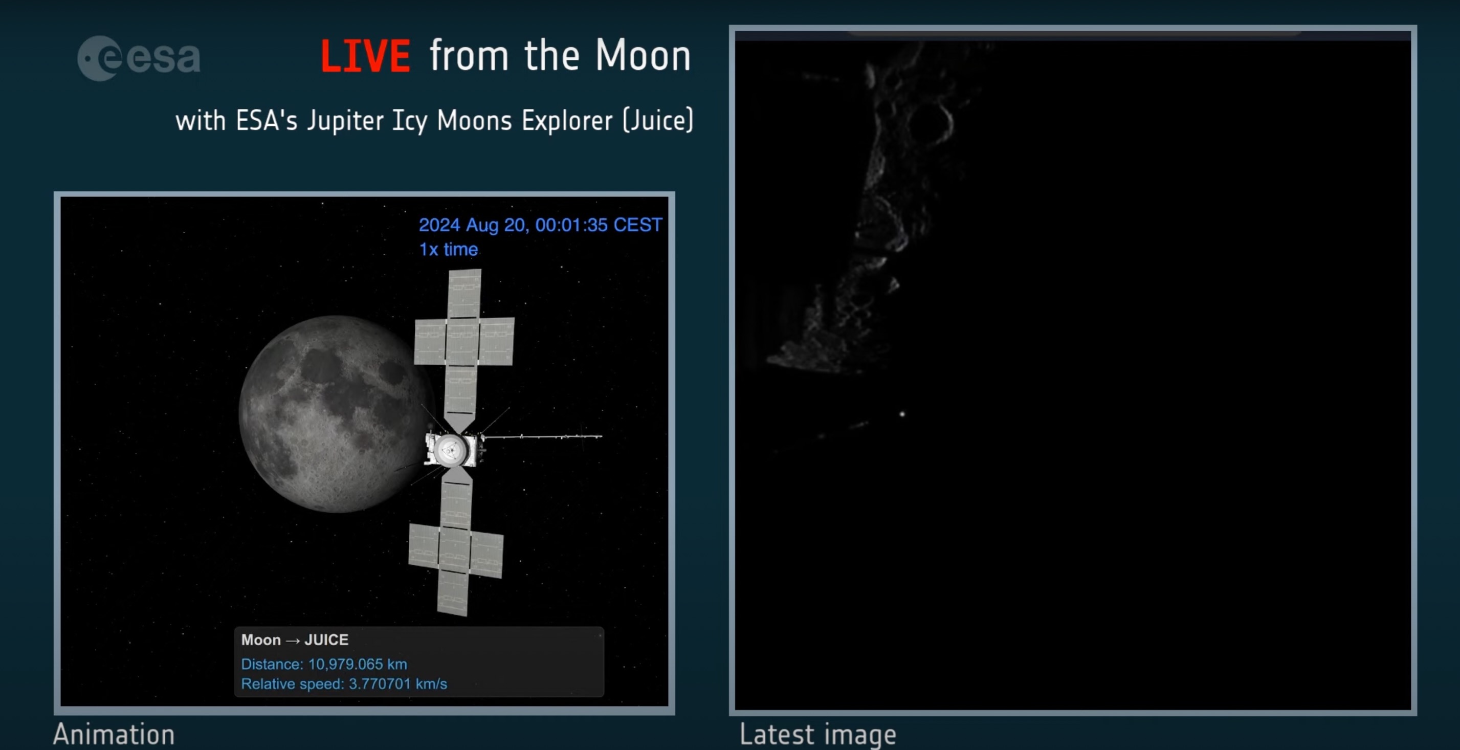 Left: Image of a spaceship with the moon in the background. Right: dark, blurry image of the moon's edge against the darkness of space.