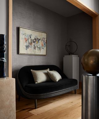 colors that go with light grey, living grey living space with black couch, artwork