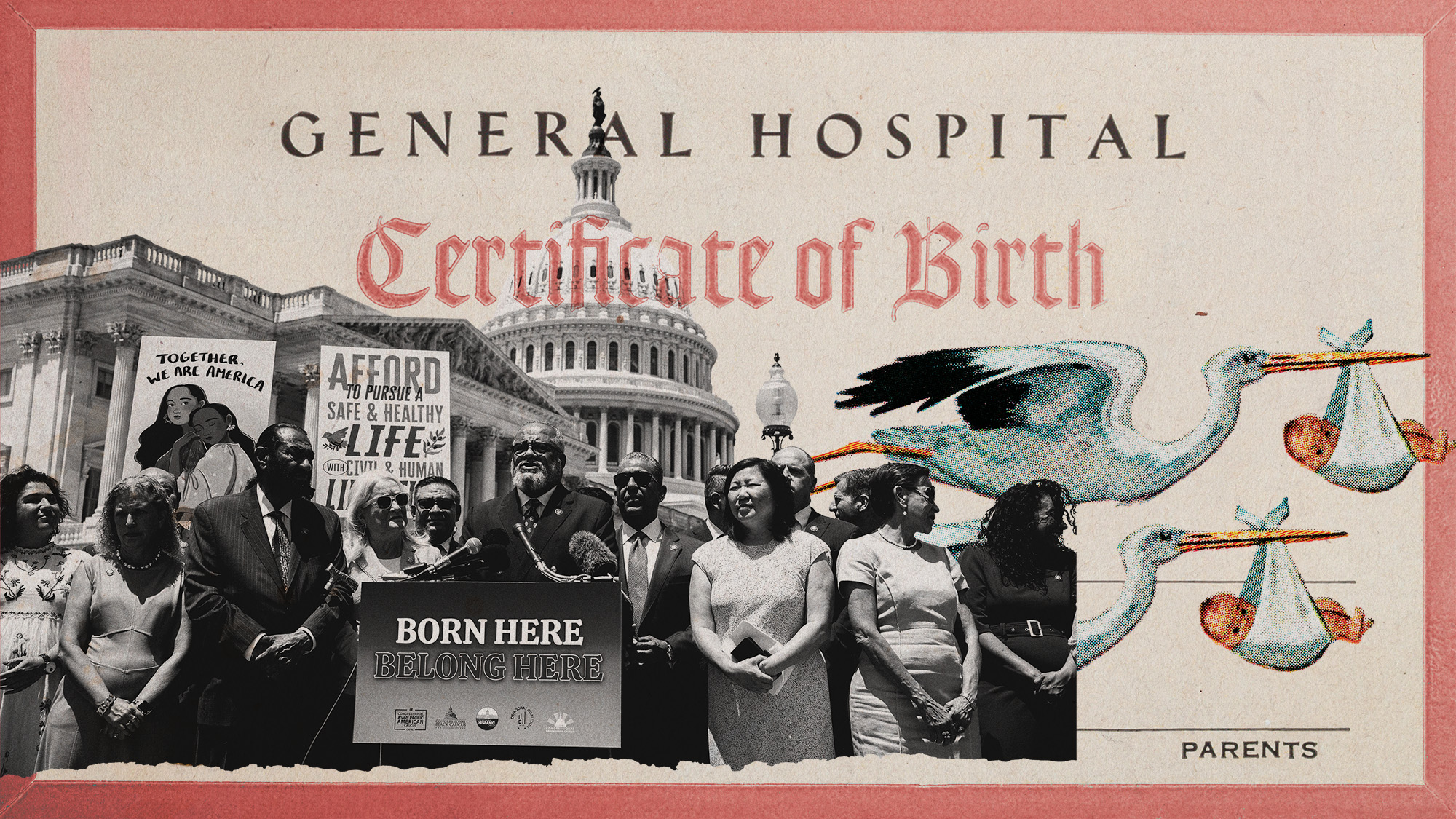 Photo collage of a news conference on the US Supreme Court birthright citizenship decision outside the US Capitol, an antique birth certificate, and storks carrying babies